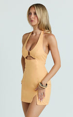 Jaycee Mini Dress - Halterneck Trim Detail Fitted Dress in Orange