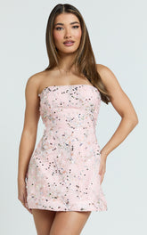Jayden Mini Dress - Strapless A Line Dress in Pink Floral