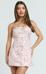Jayden Mini Dress - Strapless A Line Dress in Pink Floral