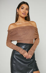 Jaythen Bodysuit - Long Sleeve Off Shoulder Ruched Mesh Bodysuit in Mocha