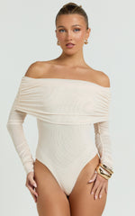 Jaythen Bodysuit - Long Sleeve Off Shoulder Ruched Mesh Bodysuit in Cream