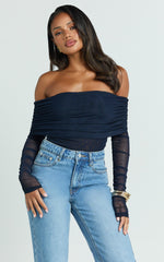 Jaythen Bodysuit - Long Sleeve Off Shoulder Ruched Mesh Bodysuit in Navy