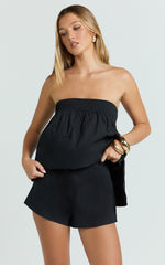 Jeanette Two Piece Top and Shorts Set - Strapless Smocked Neckline Top and High Waist Shorts Set in Black