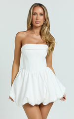 Jeannie Mini Dress - Corset Panel Bubble Hem Dress in Off White