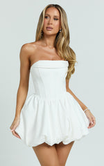 Jeannie Mini Dress - Corset Panel Bubble Hem Dress in Off White