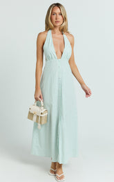 Jeienn Midi Dress - Line Placket Front Skirt Dress in Mint Stripe