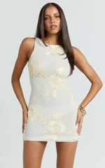 Jelena Mini Dress - Embroidered Floral Boat Neck Bodycon Dress in Lemon