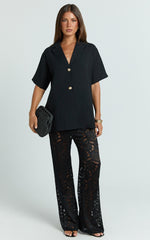Jemma Two Piece Set - Relaxed Shirt and Lace Pants Set in Black