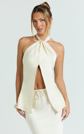 Jenna Top - Halter Neck Knot Detail Open Front Top in Oyster