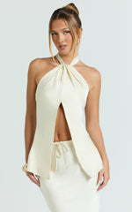 Jenna Top - Halter Neck Knot Detail Open Front Top in Oyster