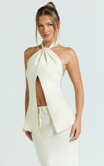 Jenna Top - Halter Neck Knot Detail Open Front Top in Oyster