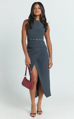 Jenni Midi Skirt - Asymmetric Cross Over Mid Waisted Skirt in Slate Grey