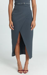 Jenni Midi Skirt - Asymmetric Cross Over Mid Waisted Skirt in Slate Grey