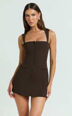 Jenni Mini Dress - Zip Through Square Neck Open Back Dress in Chocolate