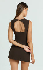 Jenni Mini Dress - Zip Through Square Neck Open Back Dress in Chocolate