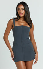 Jenni Mini Dress - Zip Through Square Neck Open Back Dress in Dusk Grey