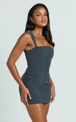 Jenni Mini Dress - Zip Through Square Neck Open Back Dress in Dusk Grey