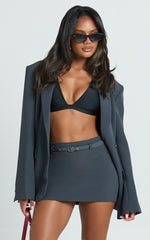 Jenni Mini Skirt - Mid Waisted Mini Belted Skirt in Slate Grey
