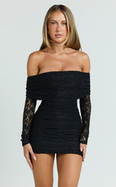 Jensen Mini Dress - Off Shoulder Stretch Lace Bodycon Dress in Black