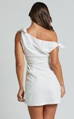 Jeofina Mini Dress - Off The Shoulder Linen Look Dress in White