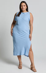 Jessenia Midi Dress - Linen High Neck Dress in Blue