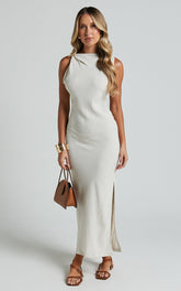Jessenia Midi Dress - Linen High Neck Dress in Natural
