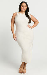 Jessenia Midi Dress - Linen High Neck Dress in Natural