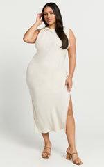 Jessenia Midi Dress - Linen High Neck Dress in Natural