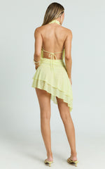 Jessie Mini Dress - Deep Plunge Cowl Neck Asymmetric Backless Dress in Lemon