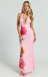Jessy Maxi Dress - Halter Floral Dress with Scarf in Pink Floral