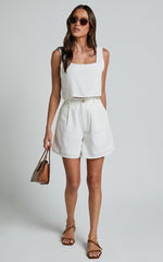 Larissa Shorts - Linen High Waisted Tailored Pleat Front Back Pocket Shorts in Off White