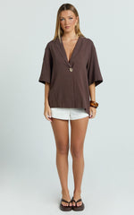 Joanna Top - Button Up Collared Short Sleeve Shirt in Chocolate