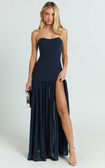 Jocelyn Maxi Dress - Strapless Ruched Fit And Flare Dress in Navy