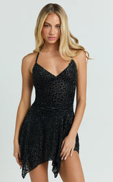 Joel Mini Dress - Jersey Halter Neck Asymmetric Hem Dress in Black