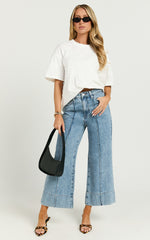 Jolene Jeans - Mid Rise Wide Leg Recycled Denim Cropped Jeans in Mid Blue Wash