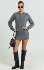 Jolene Mini Dress - Long Sleeve Knitted Polo Dress in Dark Grey