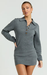 Jolene Mini Dress - Long Sleeve Knitted Polo Dress in Dark Grey