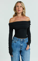 Jolie Top - Off Shoulder Long Sleeve Gathered Top in Black