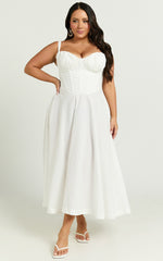 Jonas Midi Dress - Ruched Corset Lace Trim Dress in Ivory