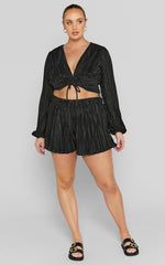 Jondra Blouse - Ruched Front Long Sleeve Plisse Blouse in Black