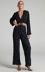 Jondra Blouse - Ruched Front Long Sleeve Plisse Blouse in Black
