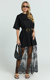 Jonna Midi Dress - Longline Lace Insert Tee in Black