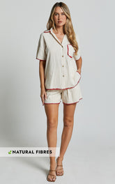 Josie Shorts - Linen Look Red Trim Detail Shorts in Cream & Red Print
