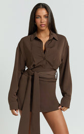Joyce Mini Dress - Backless Tie Waist Shirt Dress in Chocolate