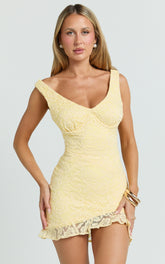 Judai Mini Dress - Lace Off Shoulder A Line Dress in Lemon