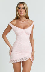 Judai Mini Dress - Lace Off Shoulder A Line Dress in Pink