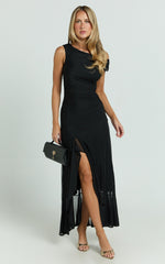 Judee Midi Dress - One Shoulder High Side Split Dress in Black