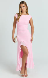 Judee Midi Dress - One Shoulder High Side Split Dress in Pink