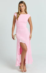 Judee Midi Dress - One Shoulder High Side Split Dress in Pink