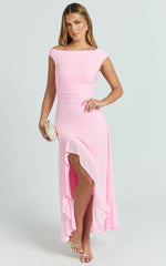 Judee Midi Dress - One Shoulder High Side Split Dress in Pink